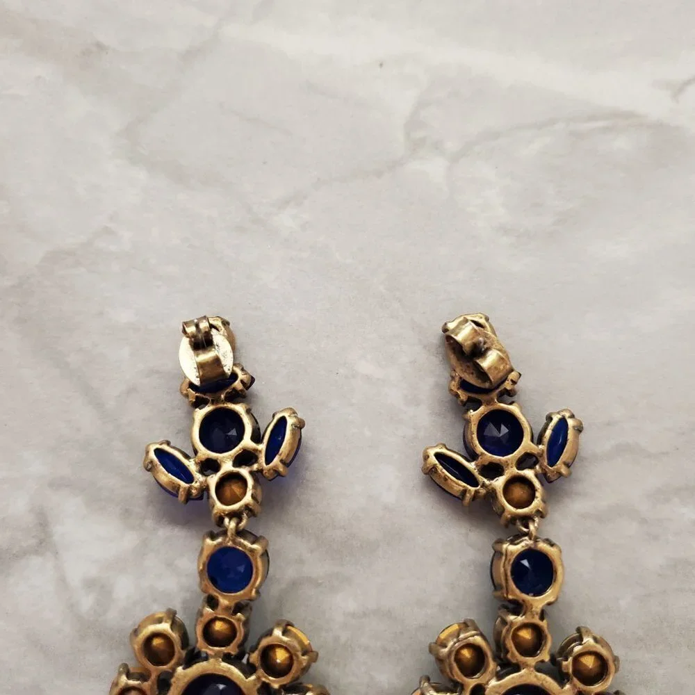 💖 J.Crew Blue Grey Rhinestones Crystals Cluster Statement Drop Dangle Earrings